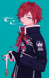 Rule 34 | 1boy, aqua background, black gloves, black jacket, cigarette, fashion, fingerless gloves, gloves, green eyes, highres, holding, jacket, lapels, lauren iroas, long hair, looking at viewer, male focus, nasi w2, nijisanji, open clothes, open jacket, red hair, red nails, simple background, smoke trail, smoking, solo, standing, streetwear, upper body