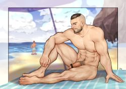 Rule 34 | barefoot, beach, full body, highres, loserno.3, male focus, nude, outdoors, penis, public indecency, sand, sitting, smile, solo focus, tagme