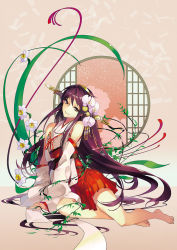 Rule 34 | 10s, 1girl, arm support, bare shoulders, barefoot, brown eyes, closed mouth, dazzle paint, detached sleeves, flower, full body, hair flower, hair ornament, hairband, hairclip, hakama, hakama short skirt, hakama skirt, haruna (kancolle), headgear, highres, japanese clothes, kantai collection, kneeling, long hair, long sleeves, looking at viewer, nontraditional miko, purple hair, ribbon-trimmed sleeves, ribbon trim, sidelocks, skirt, smile, solo, tsurukame, very long hair, wide sleeves