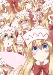 Rule 34 | 1girl, :q, :t, blonde hair, blue eyes, blush, blush stickers, bow, capelet, dress, expressions, closed eyes, fairy wings, female focus, fingers together, hair bow, hat, highres, index fingers together, lily white, long hair, looking at viewer, multiple views, one eye closed, open mouth, pout, smile, sweatdrop, tears, tongue, tongue out, touhou, wings, wink, yutamaro