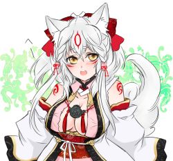 Rule 34 | 1girl, amaterasu (ookami), animal ears, bodypaint, bow, braid, breasts, center opening, cleavage, detached sleeves, grey hair, hair bow, hair tubes, jewelry, long hair, necklace, ookami (game), open mouth, personification, shinzui (fantasysky7), sidelocks, solo, tail, twin braids, wolf ears, wolf tail, yellow eyes