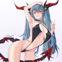 Rule 34 | arm up, armpits, azur lane, between legs, black one-piece swimsuit, black slingshot swimsuit, collar, cowboy shot, criss-cross halter, dragon girl, dragon horns, dragon tail, halterneck, hand on own head, hand up, highres, horns, long hair, looking at viewer, mechanical horns, mechanical tail, mrnn, navel, official alternate costume, one-piece swimsuit, regensburg (azur lane), regensburg (dark dragon brilliant beach) (azur lane), signature, simple background, slit pupils, smile, spiked collar, spikes, swimsuit, tail, tail between legs, tongue, tongue out, twintails, v