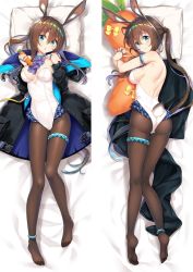 Rule 34 | 1girl, amiya (arknights), animal ear fluff, animal ears, anklet, arknights, armlet, ass, backless outfit, bed sheet, black coat, black pantyhose, blue eyes, bow, bowtie, breasts, brown hair, carrot, closed mouth, coat, dakimakura (medium), food, frilled leotard, frills, from above, hair between eyes, highleg, highleg leotard, holding, holding food, horse ears, horse girl, jewelry, leotard, long hair, long sleeves, lying, medium breasts, moeanime, on back, on stomach, open clothes, open coat, open mouth, pantyhose, pillow, purple bow, purple bowtie, rabbit girl, shoulder blades, sideboob, smile, solo, split screen, strapless, strapless leotard, thighlet, twintails, very long hair, white leotard