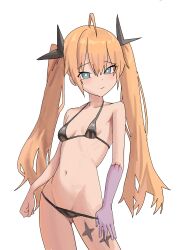 Rule 34 | 1girl, ahoge, bikini, bikini pull, black bikini, blonde hair, blue eyes, breasts, clear (djmax), closed mouth, clothes pull, cowboy shot, djmax, djmax respect, hair ornament, highres, long hair, looking at viewer, micro bikini, navel, simple background, small breasts, smile, solo, stitched arm, stitches, swimsuit, syc2159, twintails, white background