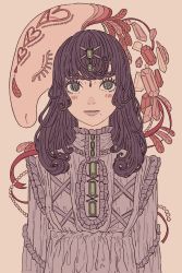 Rule 34 | 1girl, black hair, blush, dress, frilled dress, frills, gem, green eyes, grey dress, hair ornament, highres, long hair, looking at viewer, mole, mole under mouth, muted color, original, parted lips, solo, surreal, upper body, yuusei tsukiro