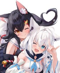 Rule 34 | 2girls, ahoge, animal ear fluff, animal ears, black hair, blue eyes, blue neckerchief, blue ribbon, blush, closed mouth, detached sleeves, fang, fox ears, fox shadow puppet, front-to-back, hair between eyes, heart, heart hair, hololive, hood, hooded vest, hoodie, long hair, looking at viewer, multicolored hair, multiple girls, neckerchief, one eye closed, ookami mio, ookami mio (1st costume), open mouth, orange eyes, red hair, ribbon, ribbon-trimmed sleeves, ribbon trim, shirakami fubuki, shirakami fubuki (1st costume), simple background, skin fang, smile, strapless, streaked hair, tareme, two-tone hair, uechin ewokaku, upper body, vest, virtual youtuber, white background, white hair, white vest, wolf ears