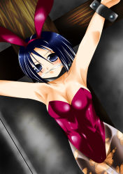 Rule 34 | 1girl, animal ears, armpits, arms up, artist request, bare shoulders, bdsm, blue eyes, blue hair, blush, bondage, bound, breasts, character request, cleavage, cloth gag, collarbone, crucifixion, fake animal ears, female focus, gag, gagged, improvised gag, looking at viewer, matching hair/eyes, outstretched arms, over the mouth gag, pantyhose, playboy bunny, rabbit ears, restrained, short hair, solo, source request, spread arms, standing, stationary restraints, sweat, torn clothes, torn pantyhose
