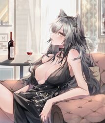 Rule 34 | 1girl, animal ears, arknights, black choker, black dress, blush, bottle, breasts, breasts apart, cat ears, cat girl, choker, cocktail dress, couch, cowboy shot, cup, dress, drinking glass, grey hair, highres, large breasts, long hair, looking at viewer, no bra, on couch, profile, sagi (sagi 0116), schwarz (arknights), sideways glance, sitting, sleeveless, sleeveless dress, solo, wine bottle, wine glass, yellow eyes