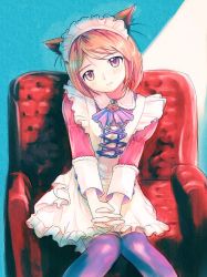 Rule 34 | 1girl, animal ears, armchair, cat ears, chair, maid, mekarauroko, own hands clasped, own hands together, sitting, solo, thighhighs, v arms