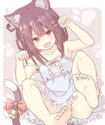 Rule 34 | 1girl, :d, animal ear fluff, animal ears, armpits, bare arms, bare shoulders, barefoot, bell, blush, bow, breasts, brown eyes, brown hair, cat day, cat ears, cat girl, cat tail, center frills, chinchin kemokemo, collarbone, convenient censoring, dress, eighth note, fang, feet, frilled dress, frills, fujisaki yuu, hair ornament, hairclip, hands up, jingle bell, musical note, narugami yuzuriha, open mouth, paw pose, paw print, paw print background, red bow, sleeveless, sleeveless dress, small breasts, smile, soles, solo, spoken musical note, tail, tail bell, tail bow, tail ornament, two-tone background, white background, white dress