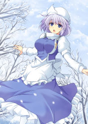 Rule 34 | 1girl, apron, breasts, cloud, cloudy sky, cross (crossryou), day, forest, hat, large breasts, layered sleeves, letty whiterock, light purple hair, long sleeves, nature, open mouth, outstretched arms, puffy short sleeves, puffy sleeves, purple eyes, shirt, short over long sleeves, short sleeves, skirt, sky, snowing, solo, touhou, tree, triangular headpiece, vest, waist apron
