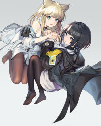 Rule 34 | 2girls, absurdres, animal ears, arknights, arknights: endfield, belt pouch, black hair, black pantyhose, blonde hair, blue eyes, blunt bangs, dress, endministrator (arknights), female endministrator (arknights), full body, grey jacket, highres, holding hands, hood, hooded coat, interlocked fingers, jacket, layered sleeves, legs folded, long hair, looking at viewer, looking back, moyume, multiple girls, no shoes, off shoulder, open clothes, open jacket, open mouth, pantyhose, perlica (arknights), pouch, ribbed sweater, short hair, sleeveless, sleeveless dress, sweater, white dress, white sweater