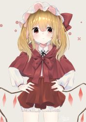 Rule 34 | 1girl, :i, abe suke, absurdres, black ribbon, blonde hair, bloomers, blush, bow, brown eyes, capelet, closed mouth, collared shirt, commentary request, crystal, dated, fingernails, flandre scarlet, grey background, hair between eyes, hands on own hips, hat, hat bow, highres, hood, hood down, hooded capelet, long hair, long sleeves, low wings, mob cap, neck ribbon, pleated skirt, pout, puffy long sleeves, puffy sleeves, red bow, red capelet, red skirt, ribbon, shirt, signature, simple background, skirt, sleeves past wrists, solo, touhou, underwear, white bloomers, white hat, white shirt, wings