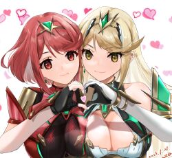 Rule 34 | 2girls, bare shoulders, black gloves, black leotard, bloomers, breasts, cleavage, closed mouth, dated, elbow gloves, fingerless gloves, gloves, headpiece, heart, heart background, heart hands, heart hands duo, large breasts, leotard, light brown hair, long hair, multiple girls, mythra (xenoblade), nayuta-kanata, pyra (xenoblade), red eyes, red hair, signature, simple background, smile, swept bangs, underwear, upper body, white background, white bloomers, xenoblade chronicles (series), xenoblade chronicles 2, yellow eyes