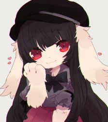 Rule 34 | 1girl, :3, animal hands, black bow, black bowtie, black hair, black hat, blush, bow, bowtie, cabbie hat, chromatic aberration, closed mouth, female focus, flat chest, furry, furry female, grey background, grey shirt, hand on own cheek, hand on own face, hand up, happy, hat, head tilt, heart, light blush, long hair, looking at viewer, original, pemi (spommmm), pleated skirt, puffy short sleeves, puffy sleeves, rabbit ears, rabbit girl, red eyes, red skirt, shirt, shirt tucked in, short sleeves, sidelocks, simple background, skirt, smile, solo, standing, upper body, very long hair