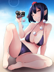 Rule 34 | 1girl, alternate costume, arm support, ass, bare arms, bare legs, barefoot, bikini, black bikini, black hair, breasts, camera, cleavage, collarbone, contemporary, full body, hair between eyes, halterneck, hat, head tilt, highres, large breasts, left-handed, looking at viewer, navel, one eye closed, parted lips, partially visible vulva, pointy ears, pom pom (clothes), red eyes, shachi kamaboko, shameimaru aya, short hair, side-tie bikini bottom, sideboob, sitting, solo, spread legs, stomach, swimsuit, thighs, toes, tokin hat, touhou