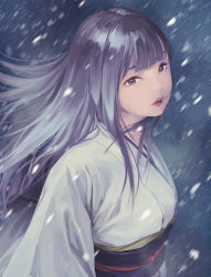 Rule 34 | 1girl, blizzard, blunt bangs, hair in own mouth, highres, japanese clothes, kimono, light purple hair, long sleeves, looking at viewer, obi, original, parted lips, popobobo, purple eyes, red lips, sash, sidelocks, snowing, solo, upper body, wind, yuki onna