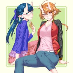 Rule 34 | 212 (kisaragi), 2girls, arm support, bad id, bad pixiv id, blue eyes, blue hair, blush, breasts, capri pants, casual, cleavage, demon girl, denim, from side, glasses, grin, hair ribbon, horns, jacket, jeans, large breasts, letterman jacket, multiple girls, aged up, oni, oni horns, orange eyes, orange hair, original, pants, ponytail, ribbon, short hair, sitting, skirt, smile