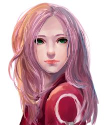 Rule 34 | 10s, 1girl, 2015, artist name, bad id, bad pixiv id, expressionless, green eyes, haruno sakura, lips, long hair, looking to the side, naruto, naruto (series), pink hair, realistic, red shirt, shirt, simple background, smile, solo, ukirit, upper body, white background