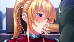 Rule 34 | 1girl, blonde hair, blue eyes, blush, bodysuit, censored, chin, cum, cum in mouth, ejaculation, embarrassed, fellatio, game cg, huracan, indoors, kyonyuu onna shikan sennou saimin, lisa lindy, long hair, looking at another, lune (company), mosaic censoring, nose, nose blush, oral, orgasm, original, out of frame, penis, saliva, standing, twintails, upper body