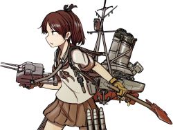 Rule 34 | 1girl, anchor, axe, brown hair, brown neckwear, brown sailor collar, brown skirt, cannon, commentary request, depth charge, depth charge projector, gloves, hachidori (ippatsuya), hair ribbon, kantai collection, machinery, ponytail, propeller, ribbon, sailor collar, school uniform, searchlight, serafuku, shikinami (kancolle), short ponytail, simple background, skirt, smokestack, solo, torpedo launcher, turret, white background, yellow gloves