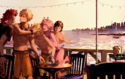 Rule 34 | 1girl, 4boys, :d, abs, absurdres, arm at side, ashido mina, bakugou katsuki, bikini, blonde hair, boku no hero academia, brown hair, chair, cityscape, closed eyes, closed mouth, colored skin, covered eyes, cowboy shot, goggles, goggles around neck, grin, hand on another&#039;s face, hand on another&#039;s shoulder, hand up, hands up, highres, horns, kaminari denki, kirishima eijirou, leaning forward, leaning on person, leg up, looking at another, male swimwear, multiple boys, navel, ocean, open mouth, orange male swimwear, orange swim trunks, outdoors, pants, pectorals, pink hair, pink skin, pointing, pointing at self, red hair, sandals, scenery, sero hanta, sharp teeth, shirt, short hair, short sleeves, side-tie bikini bottom, sky, smile, spiked hair, standing, standing on one leg, stomach, sunset, swim trunks, swimsuit, t-shirt, table, taro-k, teeth, toes, water, yellow male swimwear, yellow swim trunks