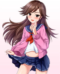 Rule 34 | 1girl, alternate costume, arashio (kancolle), blue serafuku, blue skirt, blush, brown eyes, brown hair, gradient background, highres, kantai collection, lifting own clothes, long hair, looking at viewer, neckerchief, open mouth, pink sweater, pleated skirt, red neckerchief, school uniform, serafuku, shirt, skirt, solo, sweater, white shirt, zanntetu