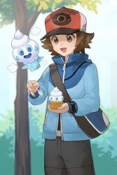 Rule 34 | 1boy, :d, bag, baseball cap, belt buckle, blue jacket, brown eyes, brown hair, buckle, commentary request, creatures (company), day, food, game freak, gen 5 pokemon, happy, hat, hilbert (pokemon), holding, holding spoon, ice cream, jacket, long sleeves, male focus, miicheer, nintendo, open mouth, outdoors, pants, pokemon, pokemon (creature), pokemon bw, short hair, shoulder bag, smile, spoon, tree, vanillite, xtransceiver, zipper pull tab