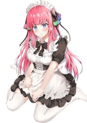 Rule 34 | 1girl, absurdres, alternate costume, apron, black bow, black dress, black ribbon, blue eyes, blunt bangs, blush, bow, breasts, butterfly hair ornament, cleavage, detached collar, dress, enmaided, frilled apron, frilled dress, frills, go-toubun no hanayome, hair ornament, highres, hime cut, large breasts, long hair, looking at viewer, maid, maid apron, maid headdress, nakano nino, pink hair, ribbon, shizuku (shizukusushi), simple background, sitting, smile, solo, thick thighs, thighhighs, thighs, twintails, wariza, white background, white thighhighs