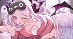Rule 34 | 1girl, black horns, blue archive, blush, camisole, demon horns, demon wings, halo, highres, hina (blue archive), horns, long hair, looking at viewer, multiple horns, navel, one eye closed, open mouth, purple eyes, solo, white camisole, white hair, wings, yakurope-moko