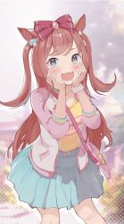 Rule 34 | agnes digital (umamusume), animal ears, bag, blue eyes, blue sky, blush, bow, cowboy shot, hair bow, handbag, hands on own face, heart, heart in eye, highres, horse ears, horse girl, horse tail, jacket, long hair, looking at viewer, open clothes, open jacket, open mouth, pink jacket, pleated skirt, red bow, red hair, scrunchie, shi (pou9f), shirt, short hair, short sleeves, skirt, sky, symbol in eye, tail, twintails, umamusume, wrist scrunchie, yellow shirt