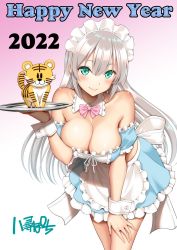 Rule 34 | 1girl, 2022, apron, aqua skirt, arm garter, artist name, bare shoulders, bow, bowtie, breasts, cleavage, detached collar, frilled skirt, frills, gradient background, green eyes, hand on own thigh, happy new year, highres, holding, holding tray, large breasts, leaning, leaning forward, long hair, maid, maid apron, maid headdress, new year, original, pink background, silver hair, skirt, smile, standing, tray, white background, wrist cuffs, yahiro pochi