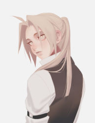 Rule 34 | 1boy, ahoge, arm strap, arms at sides, bags under eyes, black vest, blonde hair, cbow, collared shirt, edward elric, from behind, fullmetal alchemist, hair intakes, hair over one eye, hair over shoulder, long hair, long sleeves, looking at viewer, looking back, male focus, parted bangs, ponytail, shirt, simple background, solo, upper body, vest, white background, white shirt, yellow eyes