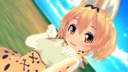 Rule 34 | 10s, 1girl, 3d, :d, animal ears, blonde hair, blush, breasts, cat ears, cat girl, close-up, cloud, day, kemono friends, large breasts, looking at viewer, open mouth, orange eyes, outdoors, paw pose, serval (kemono friends), short hair, sky, smile, solo, upper body