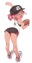 Rule 34 | 1girl, american football (object), arm up, ass, back, ball, bare arms, bare legs, bare shoulders, blush, camisole, closed eyes, dolphin shorts, fang, from behind, full body, gym shorts, hand up, hat, holding, inkling, inkling girl, inkling player character, kneepits, leaning forward, looking back, medium hair, nintendo, open mouth, pink hair, pointy ears, ponytail, shoes, short shorts, shorts, smile, solo, splatoon (series), splatoon 2, sports bra, sweat, tan, tanline, tentacle hair, ter (otokoter), upshorts, white background