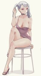 Rule 34 | 1girl, black clover, breasts, chair, choker, dress, female focus, high heels, jewelry, large breasts, legs, looking at another, looking at viewer, necklace, noelle silva, purple eyes, shoes, silver hair, sitting, thick thighs, thighs, twintails, white hair, zefrableu