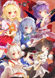 Rule 34 | 5girls, animal ears, arm up, armpit peek, ascot, bat (animal), bat wings, between fingers, black hair, black skirt, blonde hair, blouse, blue ascot, blue hair, blue vest, braid, breasts, camera, commentary request, cup, detached sleeves, drinking glass, flandre scarlet, hair between eyes, hair ribbon, hat, hat ribbon, head on another&#039;s shoulder, head tilt, holding, holding camera, holding stuffed toy, holding tray, inubashiri momiji, izayoi sakuya, looking at viewer, madotsukumo, maid headdress, medium breasts, mob cap, multiple girls, one eye closed, open mouth, pink shirt, pink skirt, puffy short sleeves, puffy sleeves, red background, red eyes, red skirt, red vest, remilia scarlet, ribbon, shameimaru aya, shirt, short sleeves, side ponytail, skirt, small breasts, smile, spell card, stuffed animal, stuffed toy, tail, teddy bear, tokin hat, touhou, tray, tress ribbon, twin braids, untucked shirt, vest, white hair, white shirt, wings, wolf ears, wolf tail