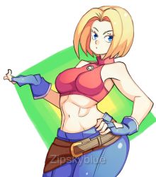 Rule 34 | 1girl, absurdres, bare shoulders, blonde hair, blue eyes, blue mary, crop top, denim, fatal fury, fingerless gloves, gloves, hand on own hip, highres, jeans, pants, sleeveless, snk, the king of fighters, wide hips, zipskyblue