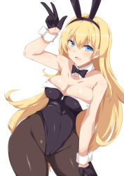 Rule 34 | 1girl, animal ears, azur lane, black bow, black bowtie, black gloves, black leotard, black pantyhose, blonde hair, blue eyes, bow, bowtie, breasts, cleavage, commentary request, cowboy shot, detached collar, fake animal ears, gloves, half gloves, highres, large breasts, leotard, long hair, looking at viewer, north carolina (azur lane), pantyhose, playboy bunny, rabbit ears, rabbit tail, sangue llia, simple background, solo, standing, strapless, strapless leotard, tail, v, white background, wrist cuffs, zipper pull tab
