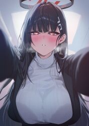 Rule 34 | 1girl, black hair, black jacket, blue archive, blush, bra visible through clothes, breasts, breath, bright pupils, commentary, hair ornament, hairclip, half-closed eyes, halo, highres, jacket, large breasts, long hair, long sleeves, looking at viewer, open clothes, open jacket, outstretched arms, parted lips, red eyes, ribbed sweater, rio (blue archive), solo, sweater, teeth, turtleneck, turtleneck sweater, upper body, very long hair, white pupils, white sweater, yampa