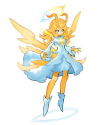 Rule 34 | baniran dorosu, black sclera, blonde hair, blue halo, boots, cleavage cutout, clothing cutout, colored sclera, colored skin, commentary request, dress, full body, halo, high heel boots, high heels, monster girl, multiple wings, orange skin, original, personification, simple background, sunny (baniran dorosu), white background, white dress, white footwear, wide sleeves, wings, yellow eyes, yellow halo, yellow wings