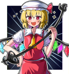 Rule 34 | 1girl, absurdres, ascot, blonde hair, blush, breasts, collared shirt, commentary, cowboy shot, crystal, fang, flandre scarlet, frilled shirt collar, frilled sleeves, frills, hair between eyes, hat, hat ribbon, highres, laevatein (touhou), looking at viewer, medium breasts, mob cap, open mouth, pointy ears, red eyes, red ribbon, red skirt, red vest, ribbon, shirt, short hair, skirt, skirt set, smile, solo, spam (spamham4506), sparkle, touhou, vest, white hat, white shirt, wings, yellow ascot