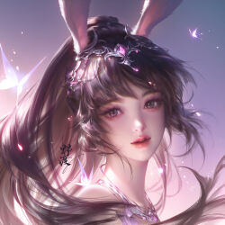 Rule 34 | 1girl, absurdres, animal ears, bare shoulders, brown hair, bug, butterfly, closed mouth, douluo dalu, dress, dusk, floating hair, hair ornament, head, highres, insect, looking at viewer, pink dress, ponytail, rabbit ears, second-party source, smile, solo, turning head, upper body, xiao wu (douluo dalu), yuanzi lin