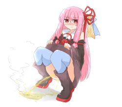 Rule 34 | 1girl, blush, clothes lift, dress, dress lift, highres, japanese clothes, kame low, kotonoha akane, lifted by self, peeing, pink hair, puddle, red eyes, solo, squatting, steam, thighhighs, voiceroid