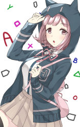 Rule 34 | 1girl, :o, animal ears, animal hood, backpack, bag, blouse, breasts, cat hood, collared shirt, commentary request, cowboy shot, danganronpa (series), danganronpa 2: goodbye despair, dress shirt, dutch angle, fake animal ears, highres, hood, jacket, large breasts, long sleeves, looking at viewer, medium breasts, nanami chiaki, neck ribbon, nico (nico alice), open clothes, open jacket, open mouth, pink bag, pink eyes, pink hair, pink ribbon, pleated skirt, ribbon, shirt, shirt tucked in, short hair, skirt, solo, teeth, upper teeth only, white background, white shirt