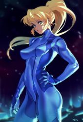 Rule 34 | 1girl, blonde hair, blue bodysuit, blue eyes, bodysuit, breasts, covered navel, hand on own hip, lips, long hair, looking at viewer, medium breasts, metroid, mole, mole under mouth, nintendo, optionaltypo, ponytail, samus aran, sidelocks, skin tight, solo, straight face, zero suit