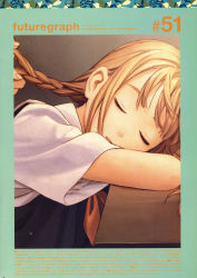 Rule 34 | 1girl, adjusting hair, blonde hair, blouse, braid, brown background, closed eyes, collared shirt, eyelashes, futuregraph, head rest, highres, murata range, shirt, short sleeves, sleeping, solo, solo focus, table, twintails, tying hair, upper body, white shirt