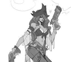 Rule 34 | 1girl, bare shoulders, breasts, cleavage, collarbone, detached sleeves, dual wielding, earrings, gun, hair over one eye, hat, heart, hicham habchi, highres, holding, holding gun, holding weapon, hoop earrings, jewelry, large breasts, league of legends, long hair, midriff, miss fortune (league of legends), navel, pants, pirate, pirate costume, pirate hat, sketch, solo, stomach, weapon