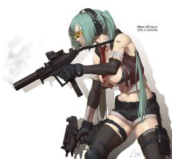 Rule 34 | 1girl, aronman, bandaged arm, bandages, barcode, bare shoulders, bikini, bikini top only, black bikini, black gloves, black shorts, black thighhighs, body writing, breasts, brown jacket, character name, clothes writing, collarbone, cropped jacket, detached collar, elbow gloves, from side, girls&#039; frontline, gloves, green eyes, green hair, gun, headset, highres, holster, jacket, knee pads, large breasts, leaning forward, long hair, machine pistol, micro uzi (girls&#039; frontline), navel, necktie, pouch, red necktie, shirt, short shorts, shorts, skindentation, sleeveless, sleeveless jacket, sleeveless shirt, solo, submachine gun, sunglasses, swimsuit, thigh holster, thigh pouch, thighhighs, thighs, tinted eyewear, trigger discipline, twintails, uzi, visor, weapon, white shirt, yellow-tinted eyewear, yellow-tinted glasses, zipper, zipper pull tab
