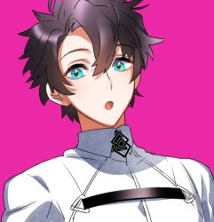 Rule 34 | 1boy, blue eyes, brown hair, collared jacket, fate/grand order, fate (series), fujimaru ritsuka (male), hair between eyes, heart, heart-shaped pupils, jacket, looking at viewer, male focus, pink background, simple background, solo, symbol-shaped pupils, tenobe, upper body, white jacket, wing collar